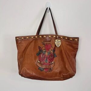 Gucci Tattoo Heart Babouska Tote Tan Leather Studded